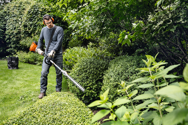 Mann in Schutzkleidung schneidet Hecken mit einem STIHL Heckenschneider in einem grünen Garten