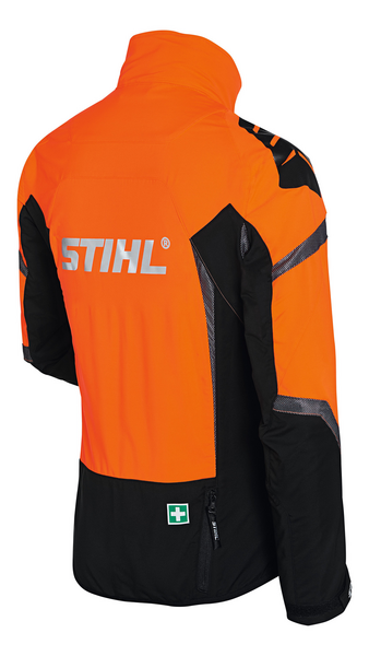 Rückansicht der STIHL ADVANCE X-Vent Jacke in Orange mit reflektierenden Streifen und Logo