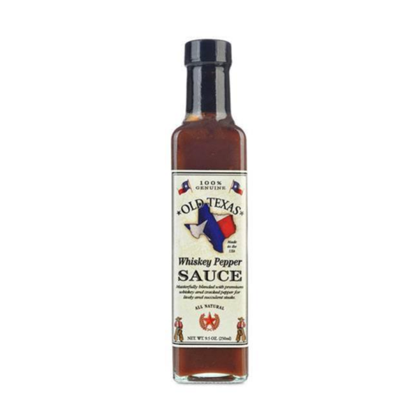 Flasche Old Texas Whiskey Pepper Steak Sauce mit texanischer Flagge und Cowboy-Illustrationen