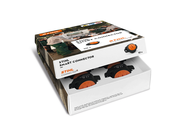 STIHL Smart Connector Verpackung mit 10 Geräten und Informationen zur App-Kompatibilität