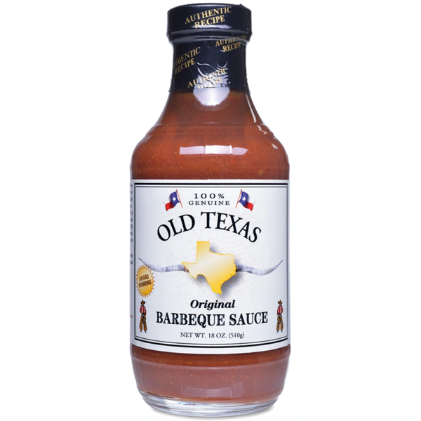 Flasche Old Texas BBQ Sauce mit Logo und texanischer Landkarte