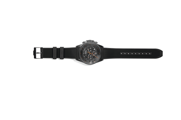 Stihl Chronograph von Jacques Lemans mit schwarzem Zifferblatt und orangefarbenen Details