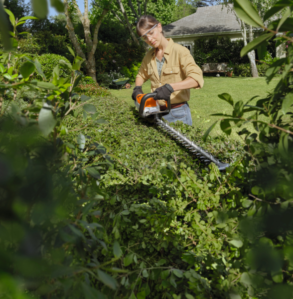 Frau benutzt STIHL HSA 60 Akku-Heckenschere in einem sonnigen Garten