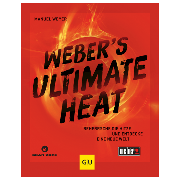 Cover von Weber's Ultimate Heat, ein Grillbuch von Manuel Weyer mit Flammen und Titel in Weiß