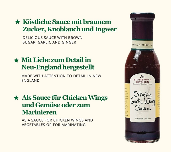 Flasche Sticky Garlic Wing Sauce von Stonewall Kitchen mit Beschreibung