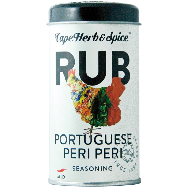 Weiße Gewürzdose Cape Herb Rub Portuguese Peri Peri mit buntem Huhn aus Gewürzen