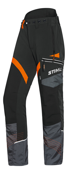 Schwarze Stihl Bundhose ADVANCE X-Flex mit orangefarbenen Details und Logo