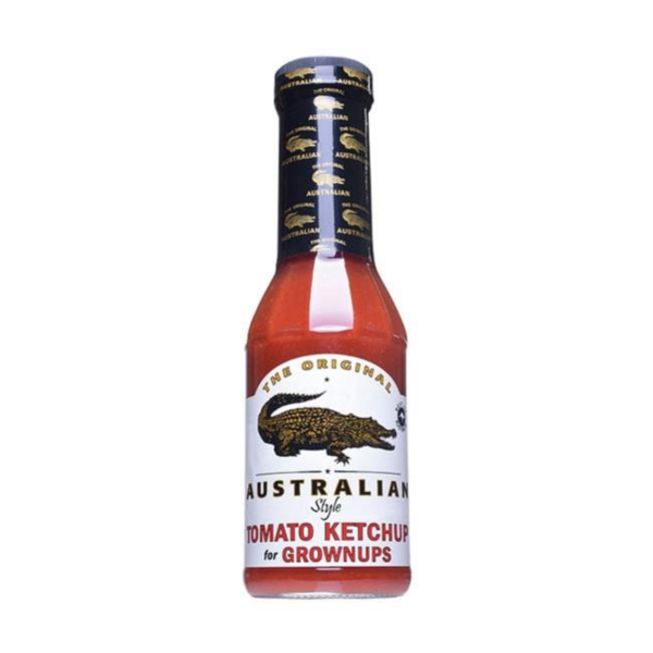 Flasche des Australian Tomato Ketchup for Grownups mit Krokodil auf dem Etikett