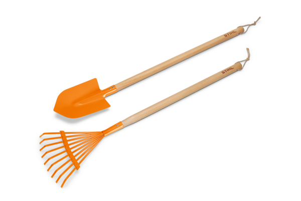 STIHL Kinder-Gartenset mit großer Schaufel und Laubrechen in Orange