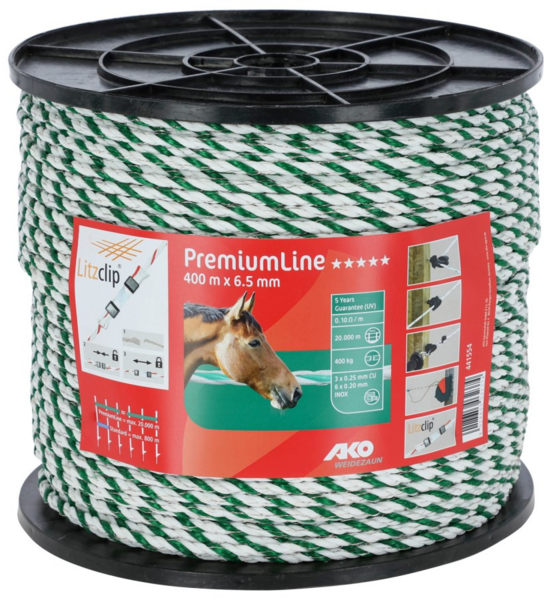 Spule des AKO PremiumLine Seils mit Etikett das technische Details und Zubehör zeigt