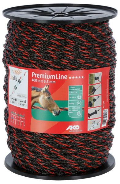 Spule des AKO PremiumLine Seils mit Etikett, das technische Details und Anwendungsbilder zeigt