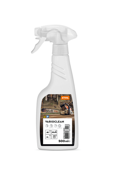 Weiße Sprühflasche von STIHL Varioclean 500ml mit Etikett und Anwendungssymbolen