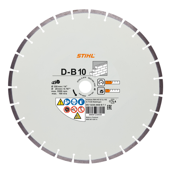 STIHL Diamant-Trennscheibe D-B10 mit technischen Daten und Sicherheitssymbolen