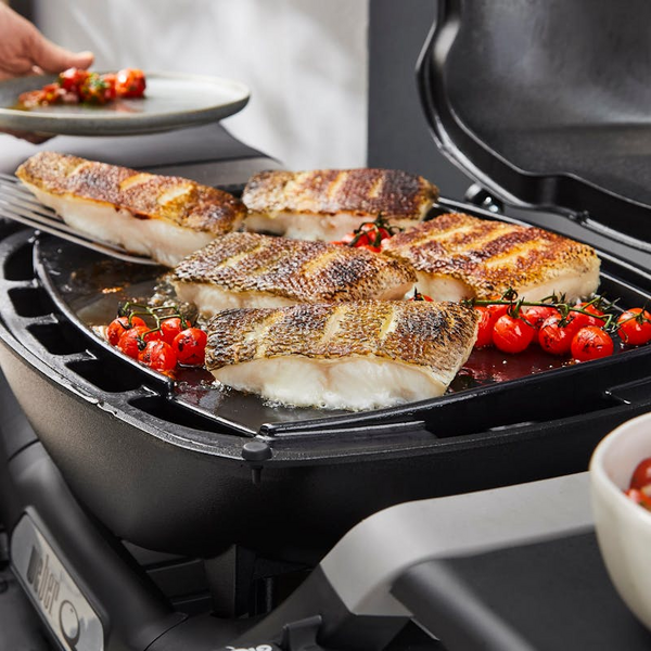 Grillplatte mit gebratenen Fischfilets und Tomaten auf Weber Q 1000N Gasgrill