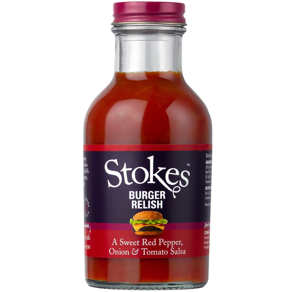 Stokes Burger Relish Flasche mit rotem Etikett und Inhaltsangabe