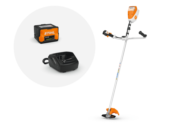 Stihl FSA 80 Motorsense mit Akku AK 30 und Ladegerät AL 101 auf weißem Hintergrund
