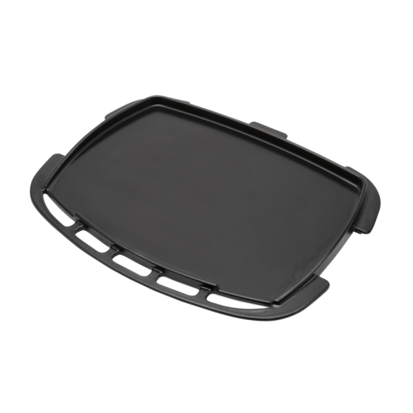Schwarze Gusseisen-Grillplatte für Weber Q 2000N-Serie auf grünem Hintergrund