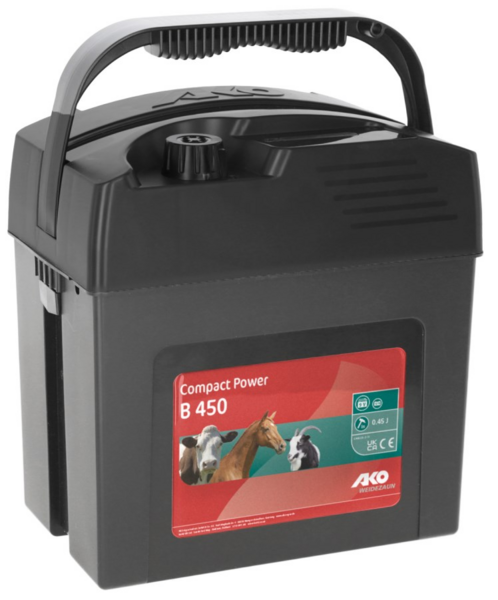 AKO Compact Power B450 9Volt Weidezaungerät mit Tragegriff und technischen Details auf Etikett