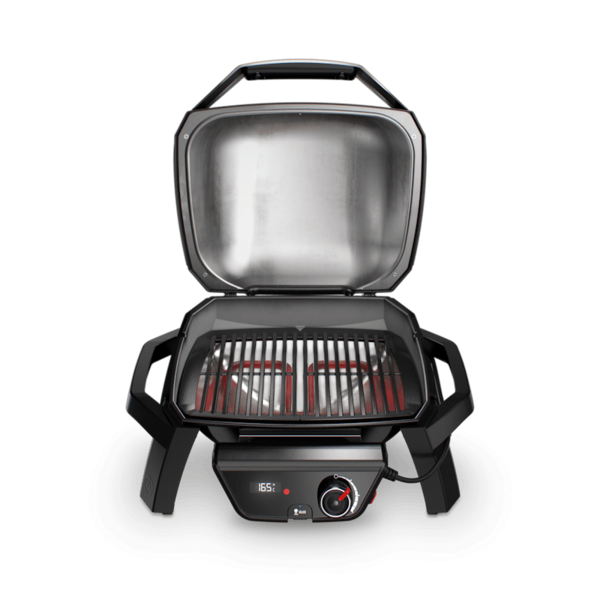 Weber PULSE 1000 Elektrogrill geöffnet mit sichtbarem Gusseisenrost und LED-Temperaturanzeige