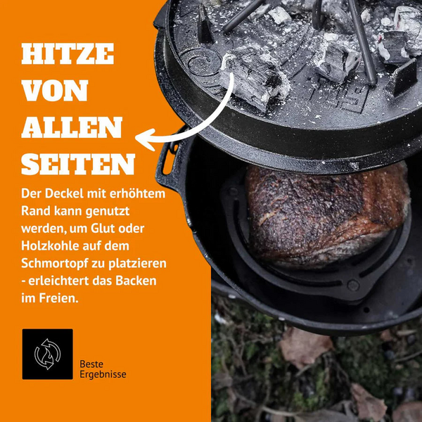 Petromax Feuertopf ft12 mit gebratenem Fleisch und Kohle bedecktem Deckel im Freien