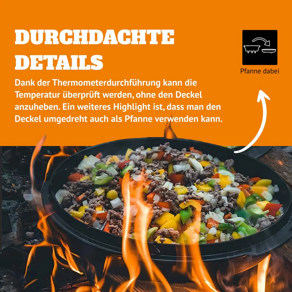 Petromax Feuertopf ft12 über Feuer mit Gemüse und Fleisch gefüllt