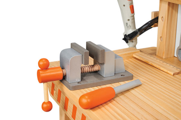 Kinderwerkbank aus Holz mit Spielzeugwerkzeugen wie Schraubzwinge und Hammer