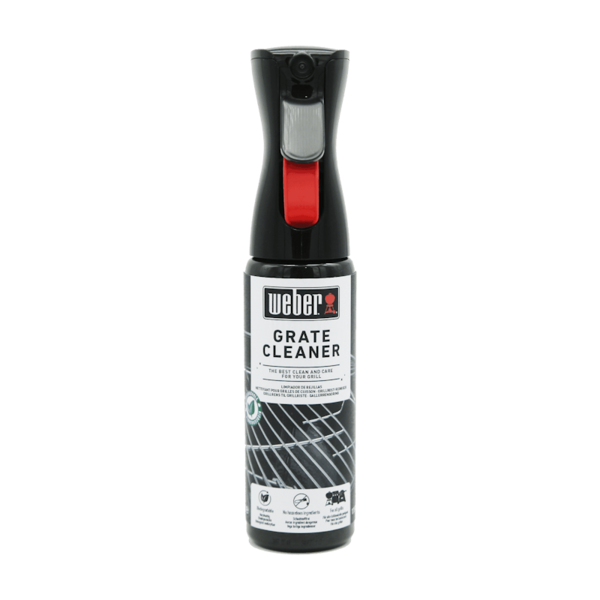 Weber Grillrost-Reiniger Flasche mit rotem Sprühkopf und Produktinformationen auf dem Etikett