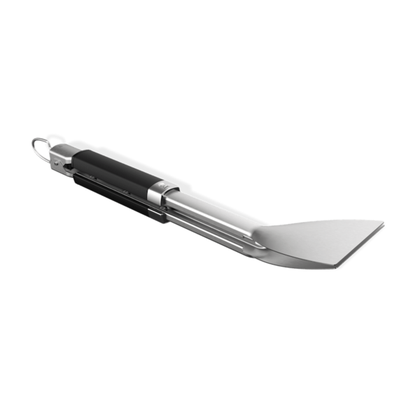 Weber flache Grillzange aus Edelstahl mit schwarzem rutschfestem Griff auf grünem Hintergrund