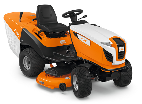 STIHL RT 6127 ZL Aufsitzmäher in Orange und Weiß mit großem Grasfangkorb und Turf-Reifen
