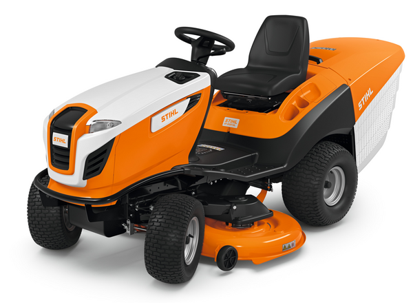 STIHL RT 6127 ZL Aufsitzmäher in Orange und Weiß mit großem Grasfangkorb und komfortablem Sitz
