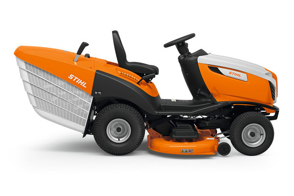STIHL RT 6127 ZL Aufsitzmäher in Orange und Weiß mit großem Grasfangkorb und LCD-Display