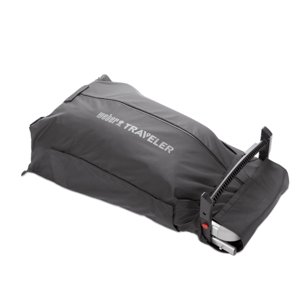 Weber Traveler Kofferraumschutz über einem Grill mit sichtbaren Griff und Bedienelementen