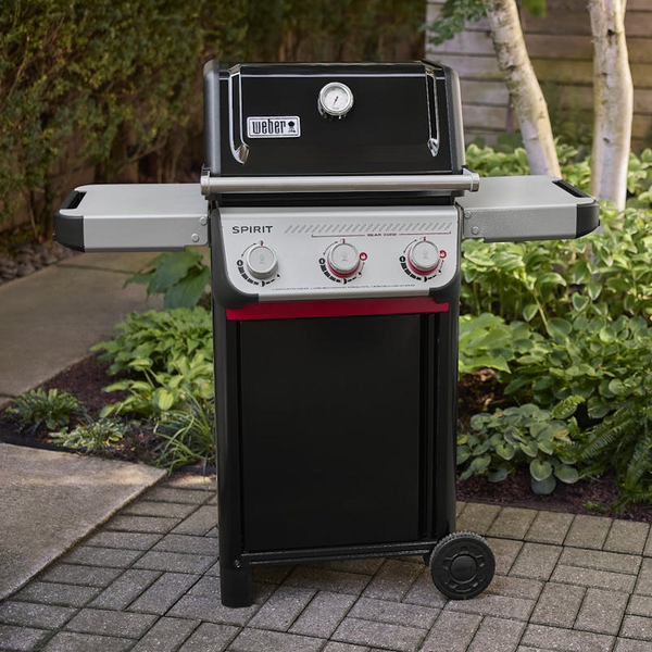 Weber SPIRIT E-325 GBS Gasgrill in einem Garten auf gepflastertem Weg