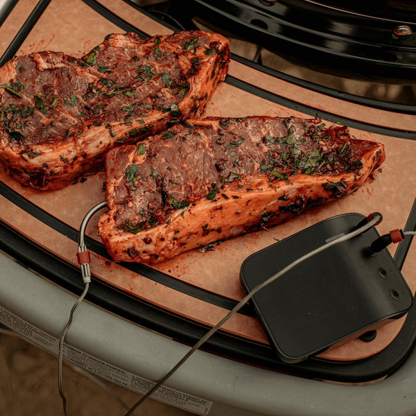 Gewürzte Fleischstücke auf Weber Traveler Schneidebrett neben Grill