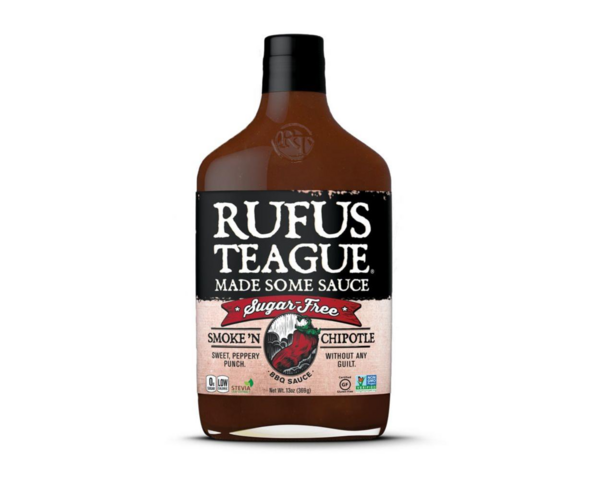 Flasche Rufus Teague Smoke 'N Chipotle BBQ Sauce mit Hinweisen auf zuckerfrei glutenfrei und koscher