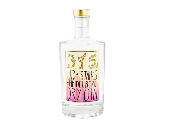 Glasflasche von 315 Upstairs Heidelberger Dry Gin mit farbigem Etikett