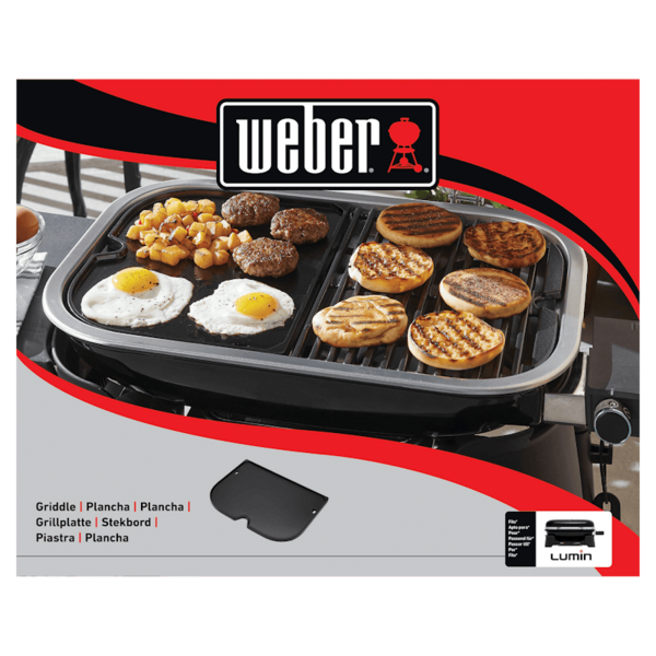 Weber Grillplatte auf Lumin Elektrogrill mit verschiedenen Speisen wie Eier und Burger