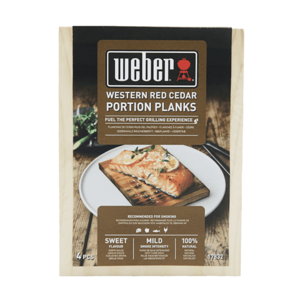 Verpackung von Weber Zedernholz Räucherbrettern mit Bild eines Fischfilets darauf