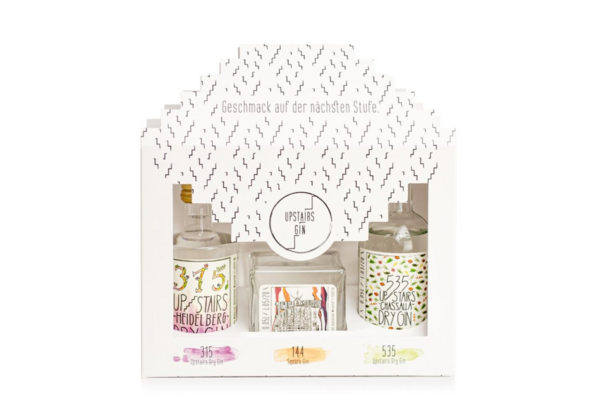 Upstairs Gin Geschenkset mit drei Miniaturflaschen in einer dekorativen Verpackung