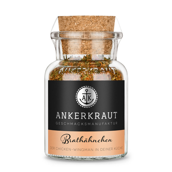 Ankerkraut Brathähnchen Gewürz in einem Glasgefäß mit Korkverschluss