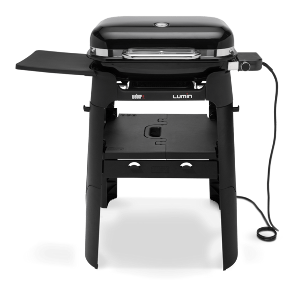 Weber Lumin Elektrogrill auf einem Stand mit Seitentisch in Schwarz