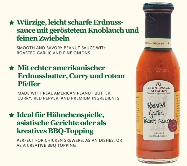 Flasche Stonewall Kitchen Roasted Garlic Peanut Sauce 330ml mit Beschreibung