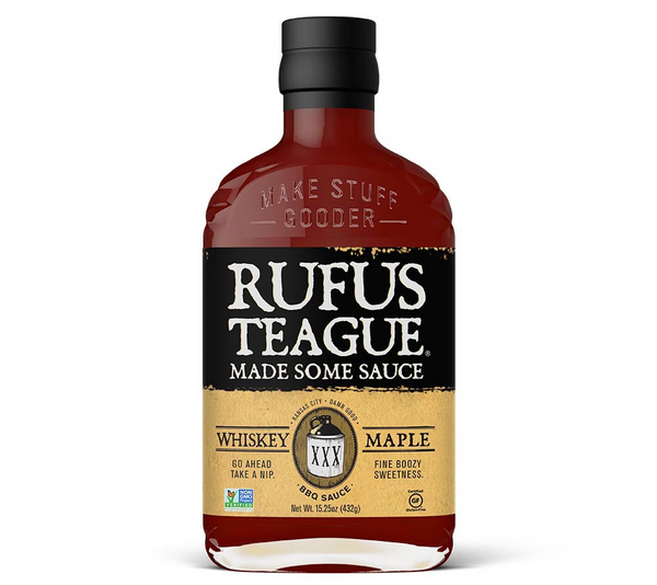 Flasche Rufus Teague Whiskey Maple BBQ Sauce mit roter Sauce und schwarz-goldenem Etikett