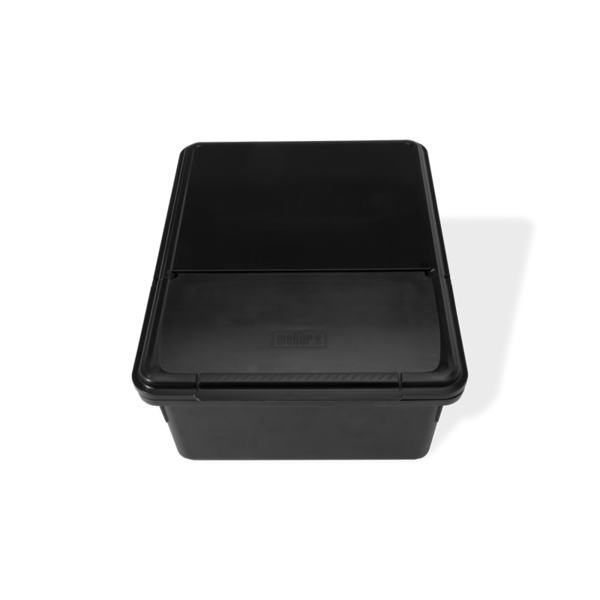 Schwarze Weber Works Outdoor-Aufbewahrungsbox mit geschlossenem Deckel und sichtbarem Logo