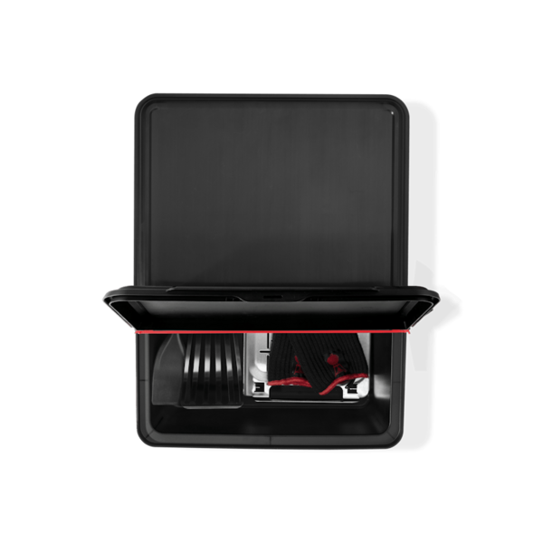 Schwarze Weber Works Outdoor-Aufbewahrungsbox mit geöffnetem Deckel und Grillutensilien