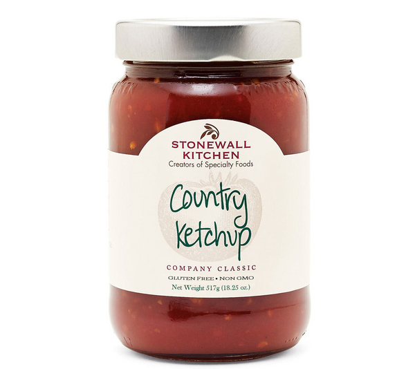 Glas Stonewall Kitchen Country Ketchup 517g mit roter Sauce und weißem Etikett
