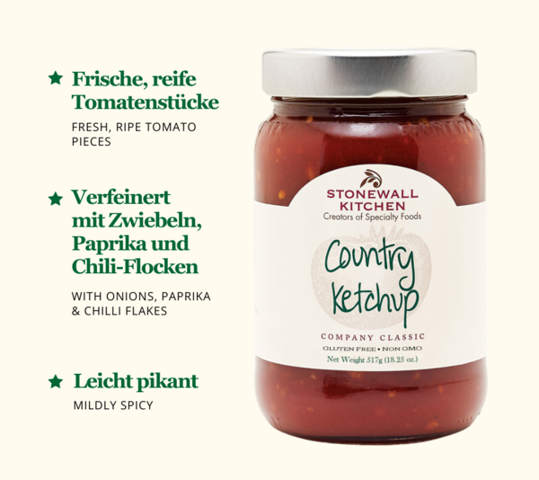 Stonewall Kitchen Country Ketchup Glas mit Zutatenbeschreibung auf weißem Hintergrund