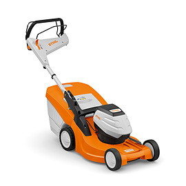 STIHL RMA 448 PV Akku-Rasenmäher in Orange und Weiß mit Mono-Komfortlenker und Grasfangkorb