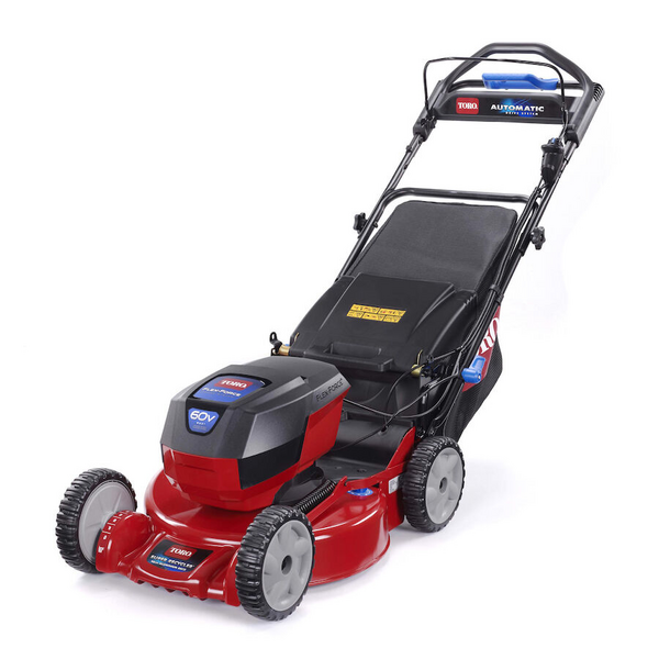 Toro eSuper Recycler eC48A Akku-Rasenmäher in Rot und Schwarz auf weißem Hintergrund