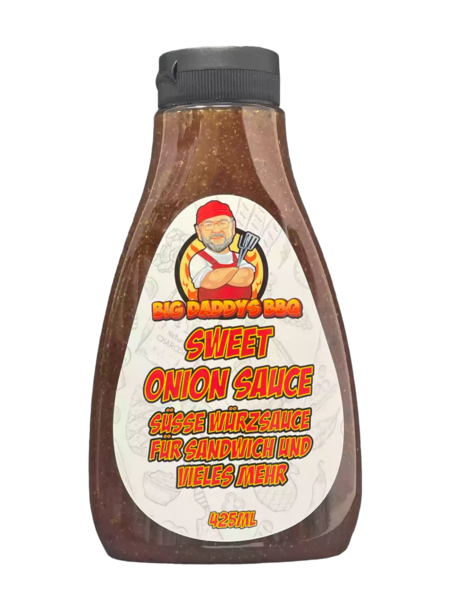 Flasche von Big Daddy's Sweet Onion Sauce mit Cartoon-Koch auf dem Etikett